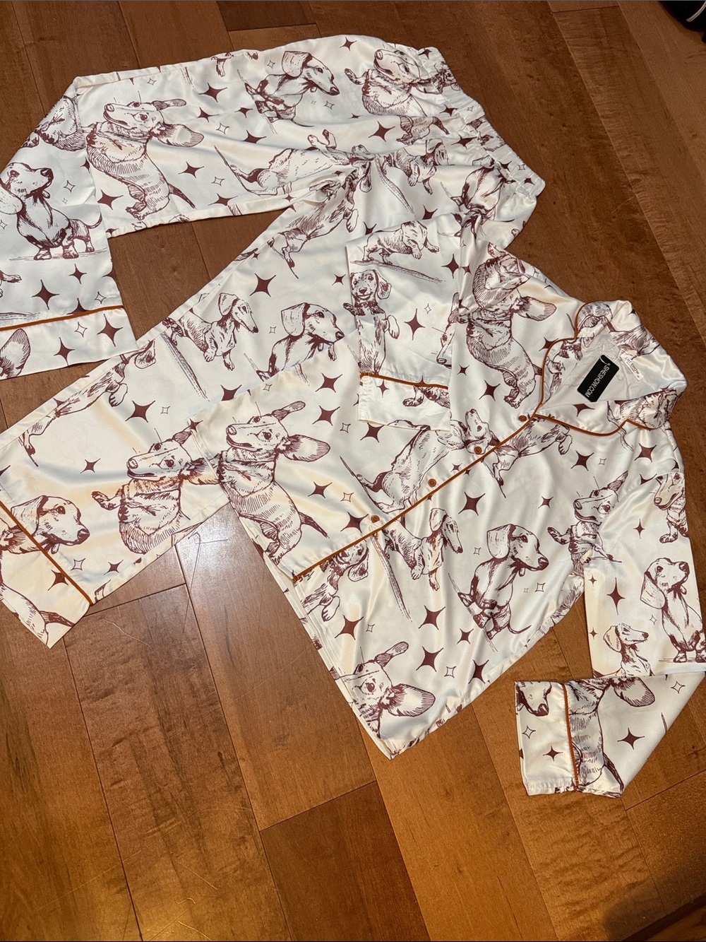 Silk pajamas     Unbranded Cream women’s Pajama Set with Brown Dog Print